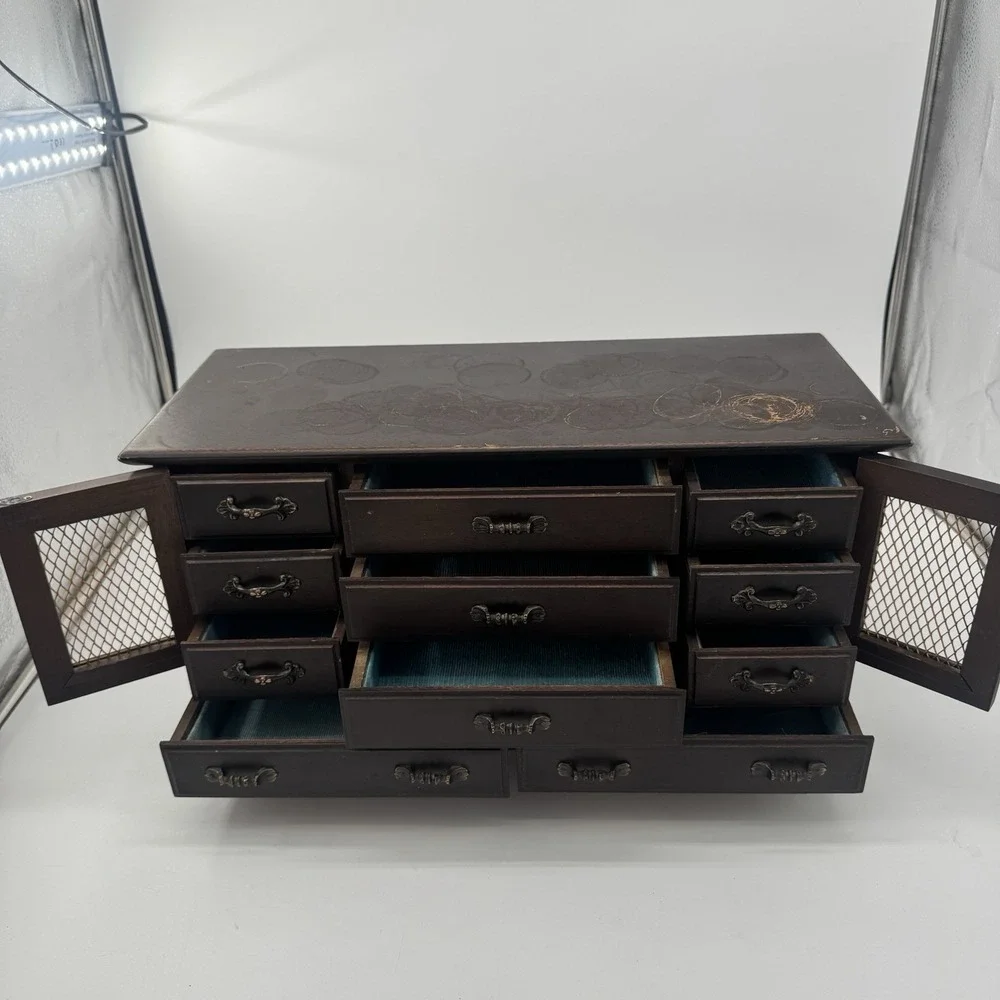 Vintage Japanese Wood‎ Jewelry Box Chest 9 Drawer MCM Teal Velvet Lined Japan